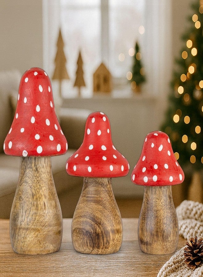 Mie Creations Wooden Mushroom Decor Figurines Set of 3, Aesthetic Mushroom Decor for Outdoor Garden Yard, Table Centerpieces, Home Shelf, Office Desk, Wood Decorative Christmas Sculptures- Red Dotted - Image 1